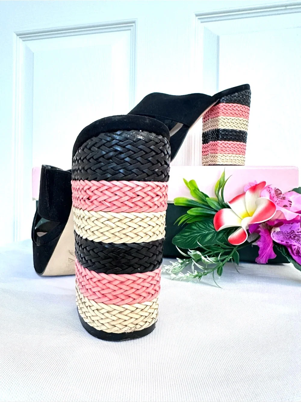 MIX No. 6 ~ Black Suede Platform Mules with Striped Woven Block Heel